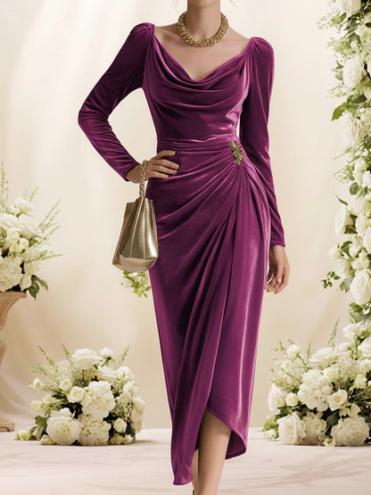 Velvet Draped Long Sleeve Midi Dress