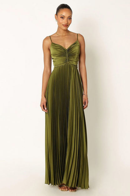 Satin Ruched Pleated Maxi Dress