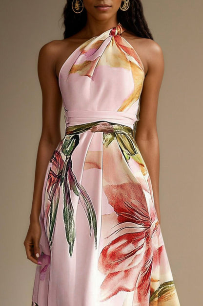 Floral Halter Pleated Maxi Dress