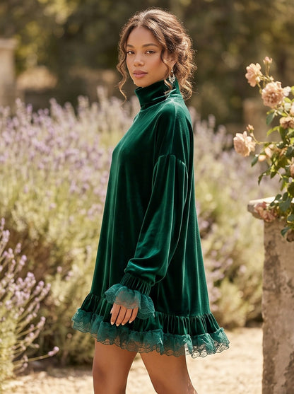 Velvet Turtleneck Ruffle Mini Dress
