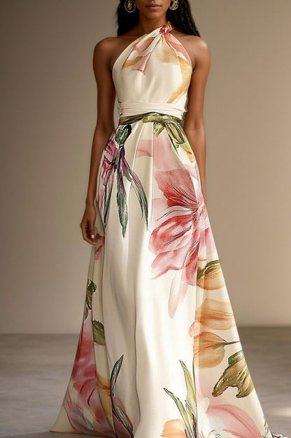 Floral Halter Pleated Maxi Dress