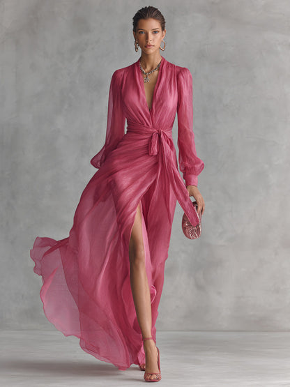 Chiffon Wrap Long Sleeve Gown