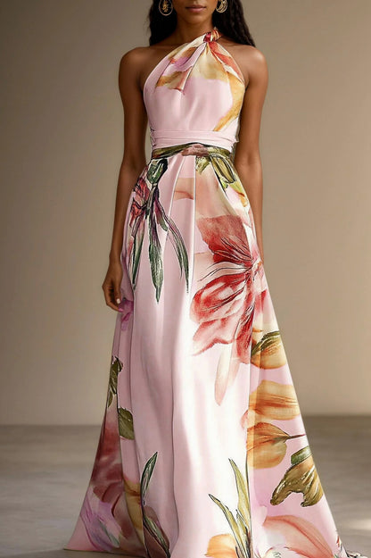 Floral Halter Pleated Maxi Dress