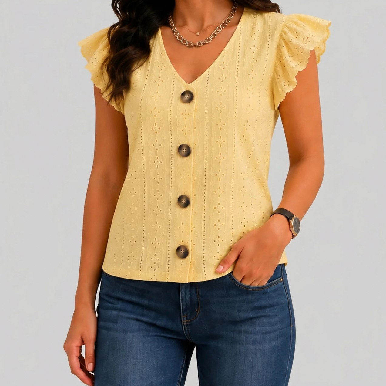 Broderie Ruffle Button Blouse