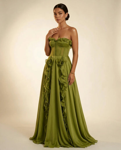 Corset Strapless Ruffle Maxi Dress