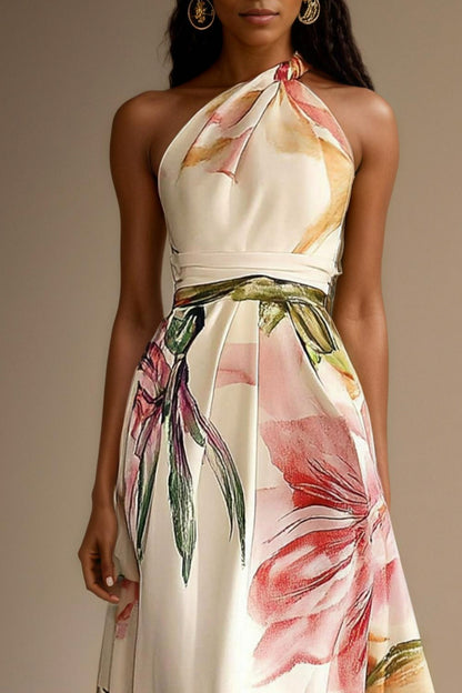 Floral Halter Pleated Maxi Dress