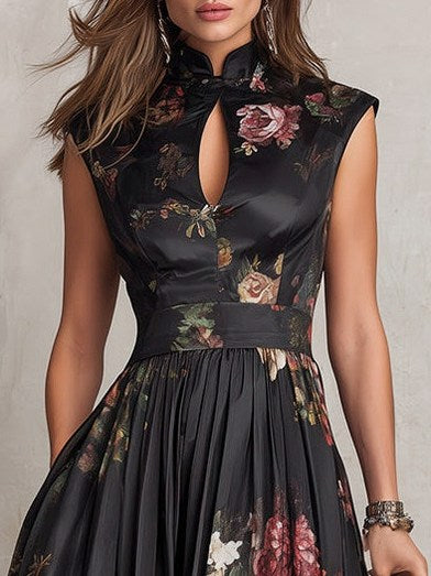 Satin Floral High Neck Midi Dress