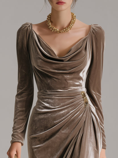 Velvet Ruched Long Sleeve Midi Dress