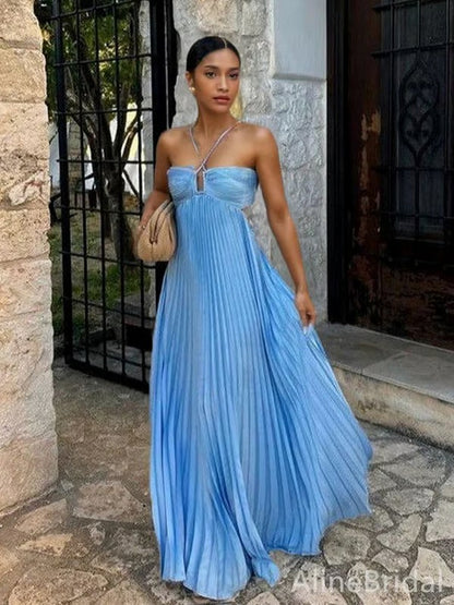 Pleated Halter Cutout Maxi Dress