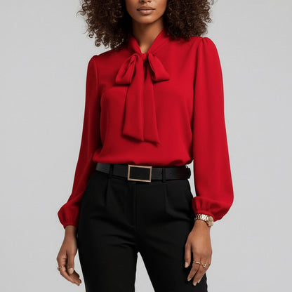 Crepe Tie Neck Long Sleeve Blouse