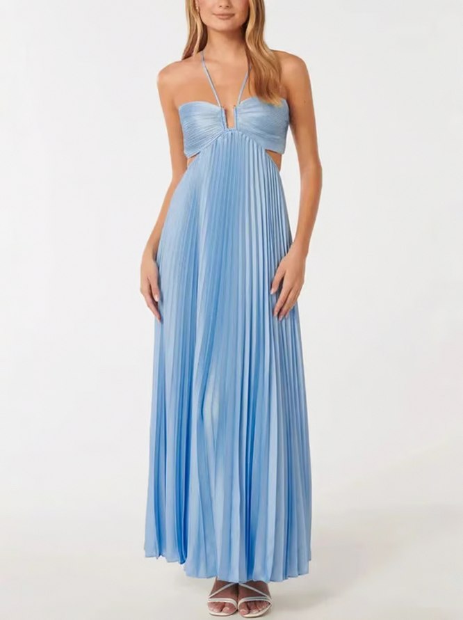 Pleated Halter Cutout Maxi Dress