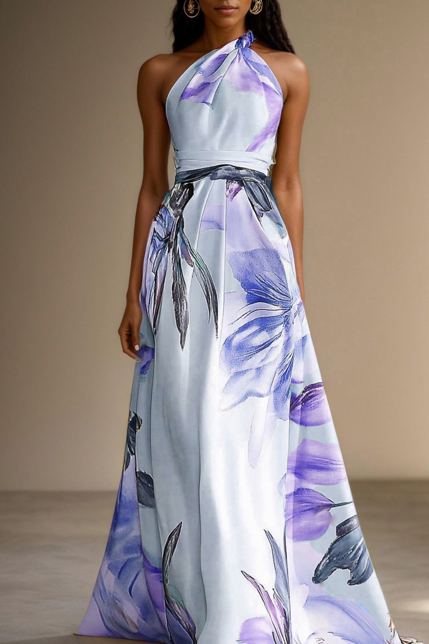 Floral Halter Pleated Maxi Dress