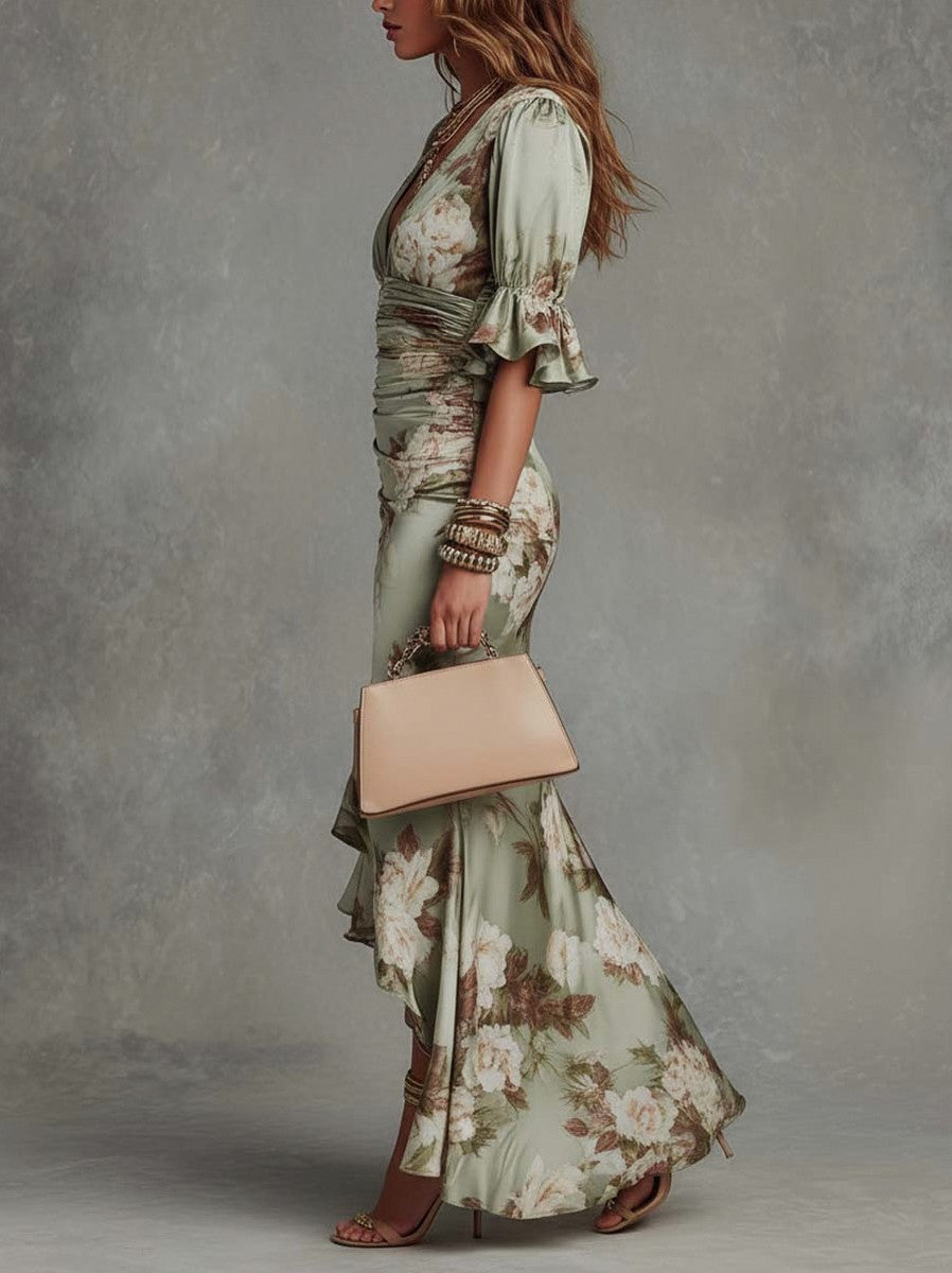 Floral Satin Ruched Maxi Dress