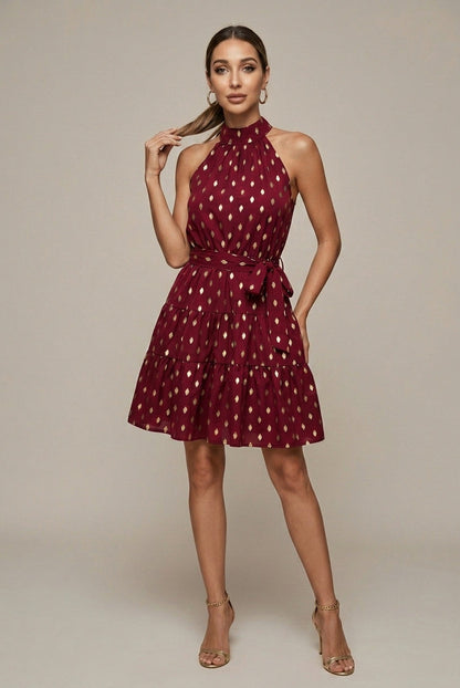 Geometric Halter Tiered Mini Dress