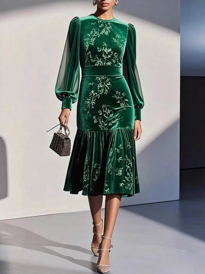 Velvet Floral Long Sleeve Midi Dress