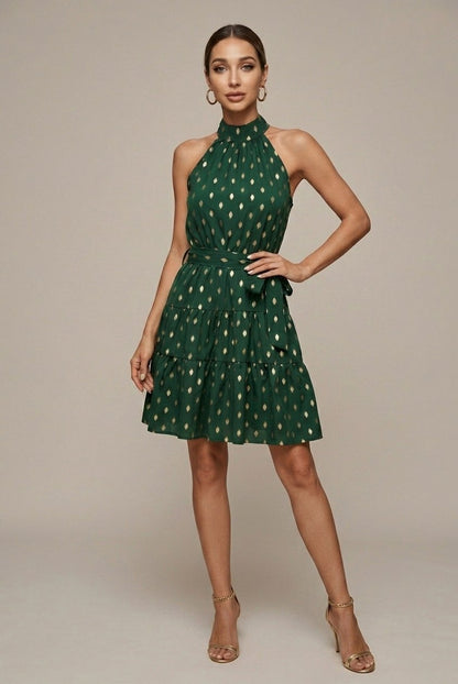 Geometric Halter Tiered Mini Dress