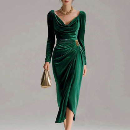 Velvet Ruched Long Sleeve Midi Dress