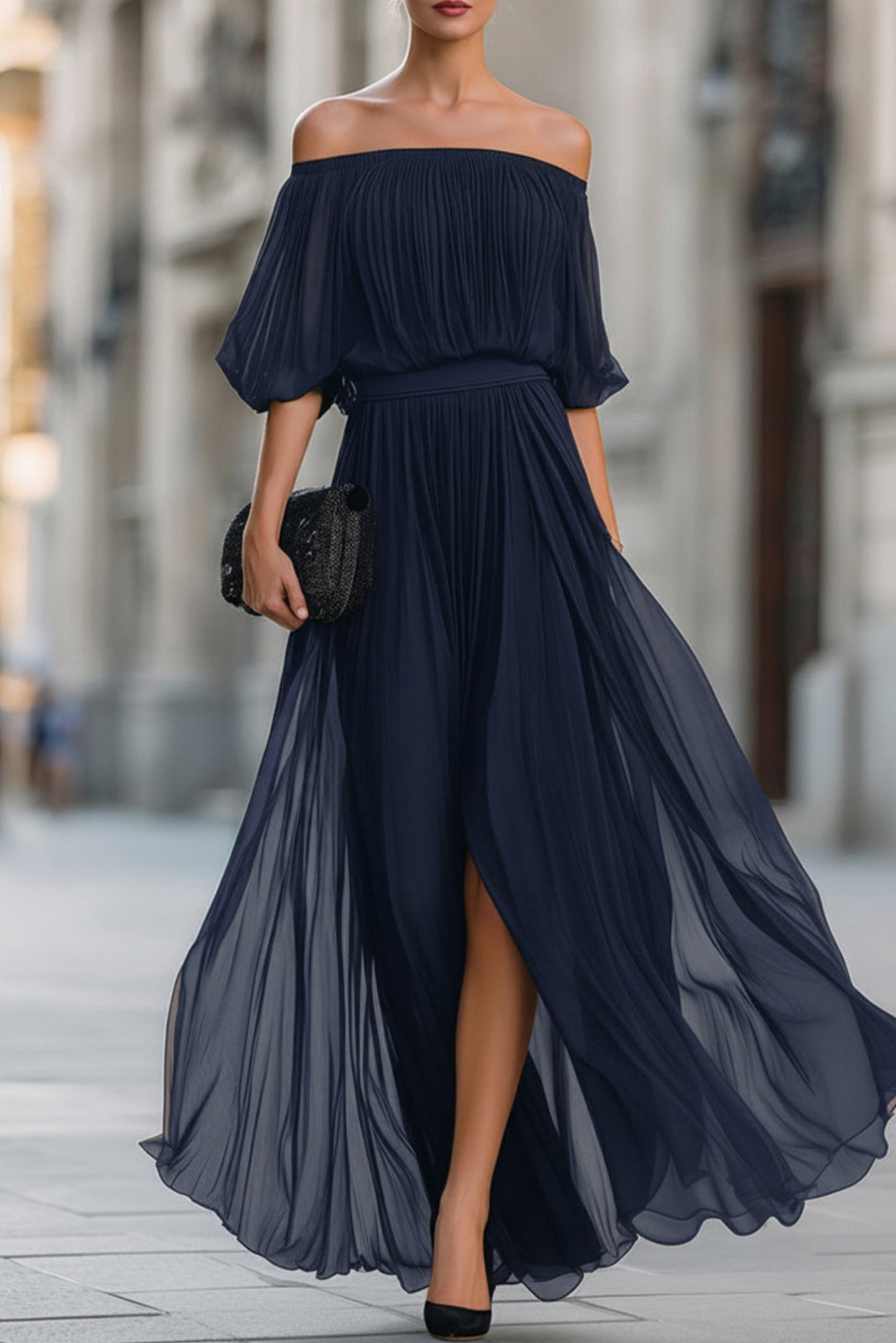Off Shoulder Pleated Maxi Dress