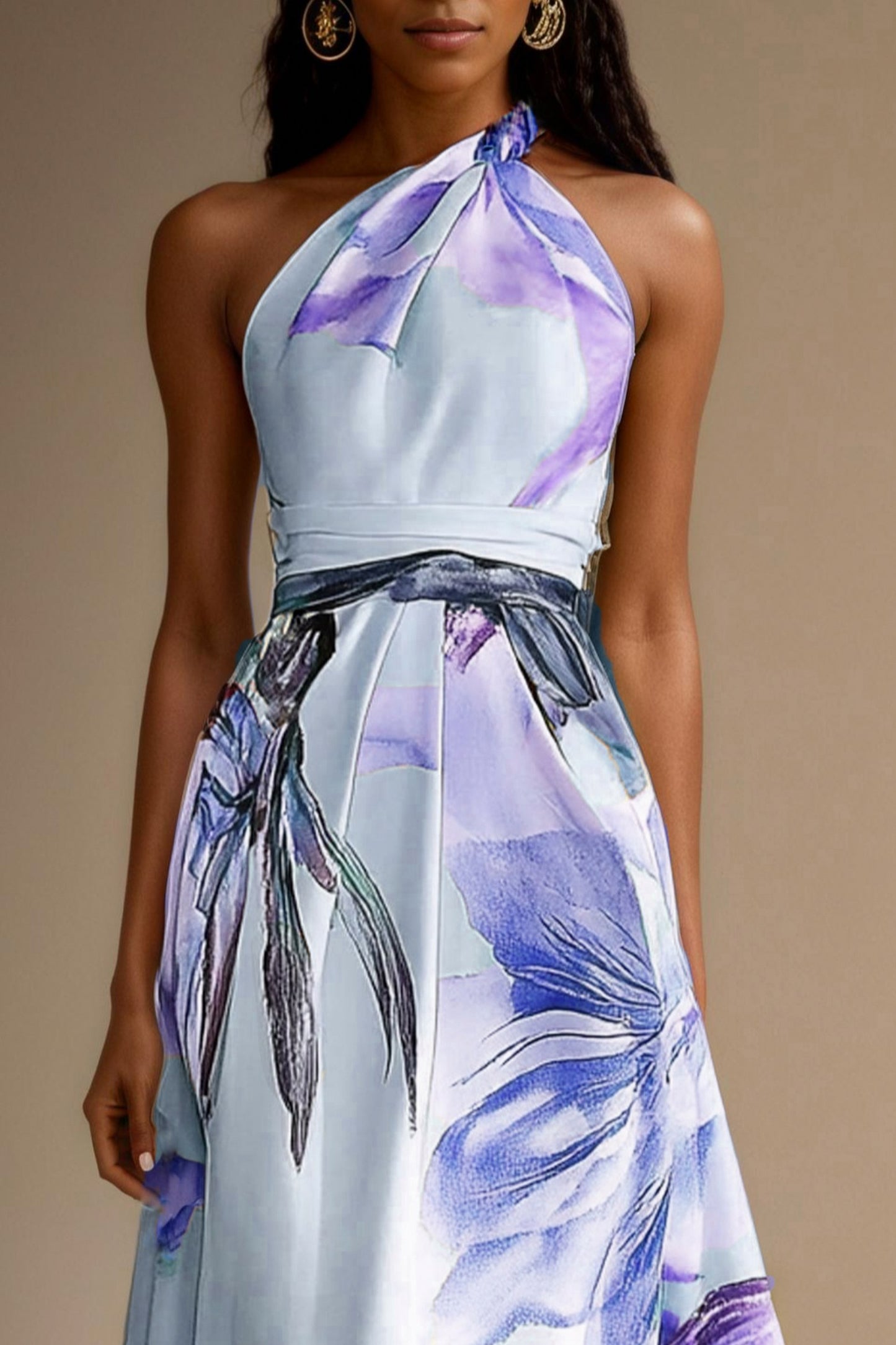 Floral Halter Pleated Maxi Dress