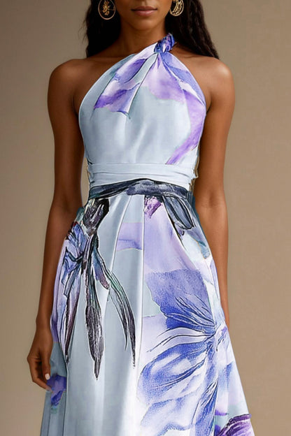 Floral Halter Pleated Maxi Dress