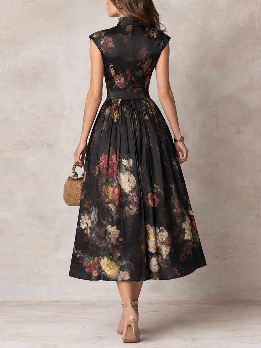 Satin Floral High Neck Midi Dress