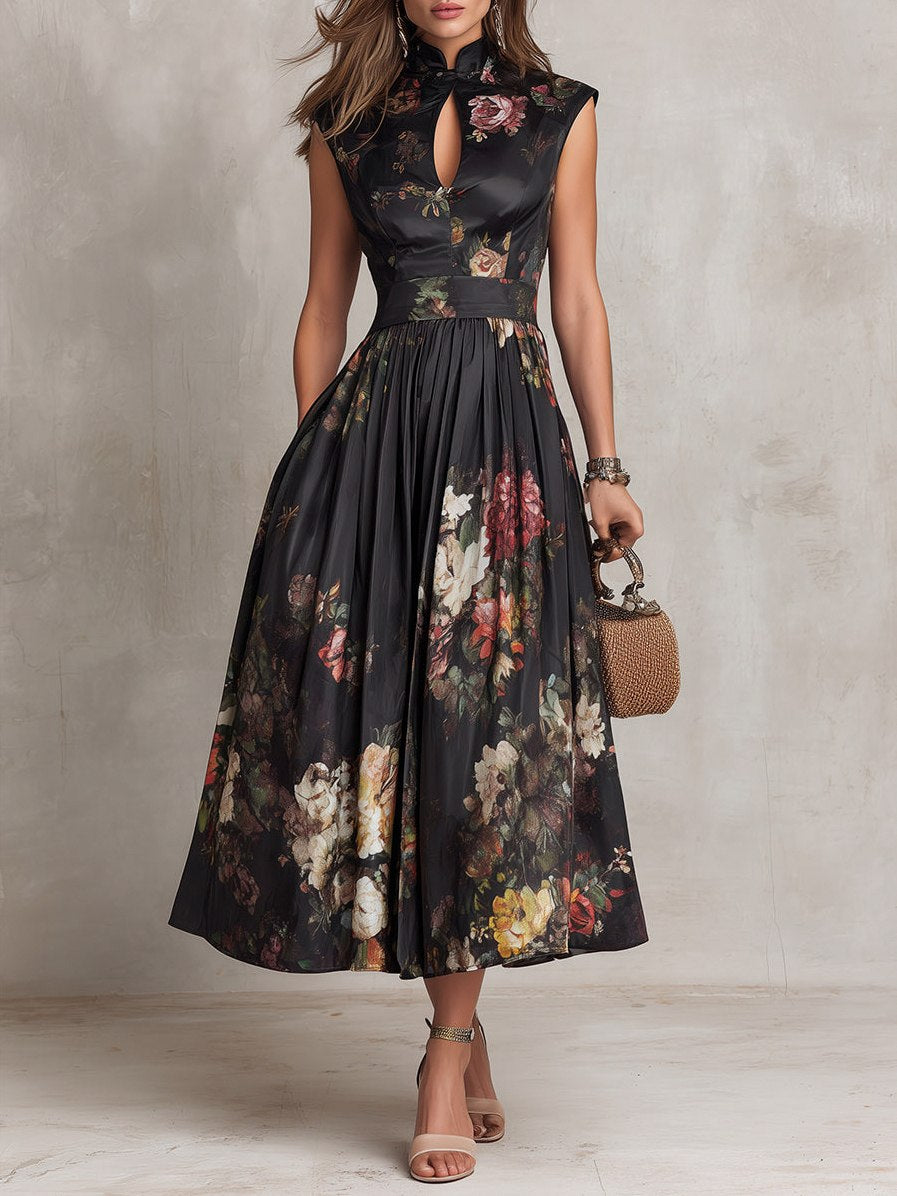 Satin Floral High Neck Midi Dress