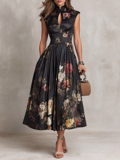Satin Floral High Neck Midi Dress