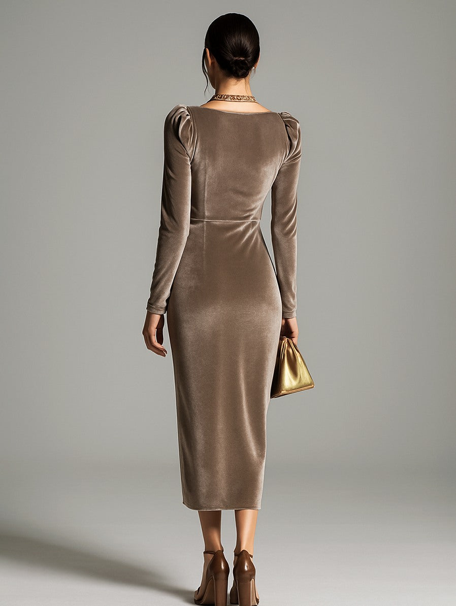 Velvet Ruched Long Sleeve Midi Dress
