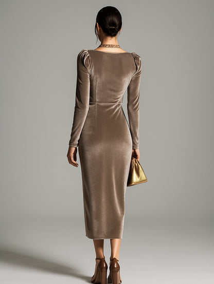 Velvet Ruched Long Sleeve Midi Dress