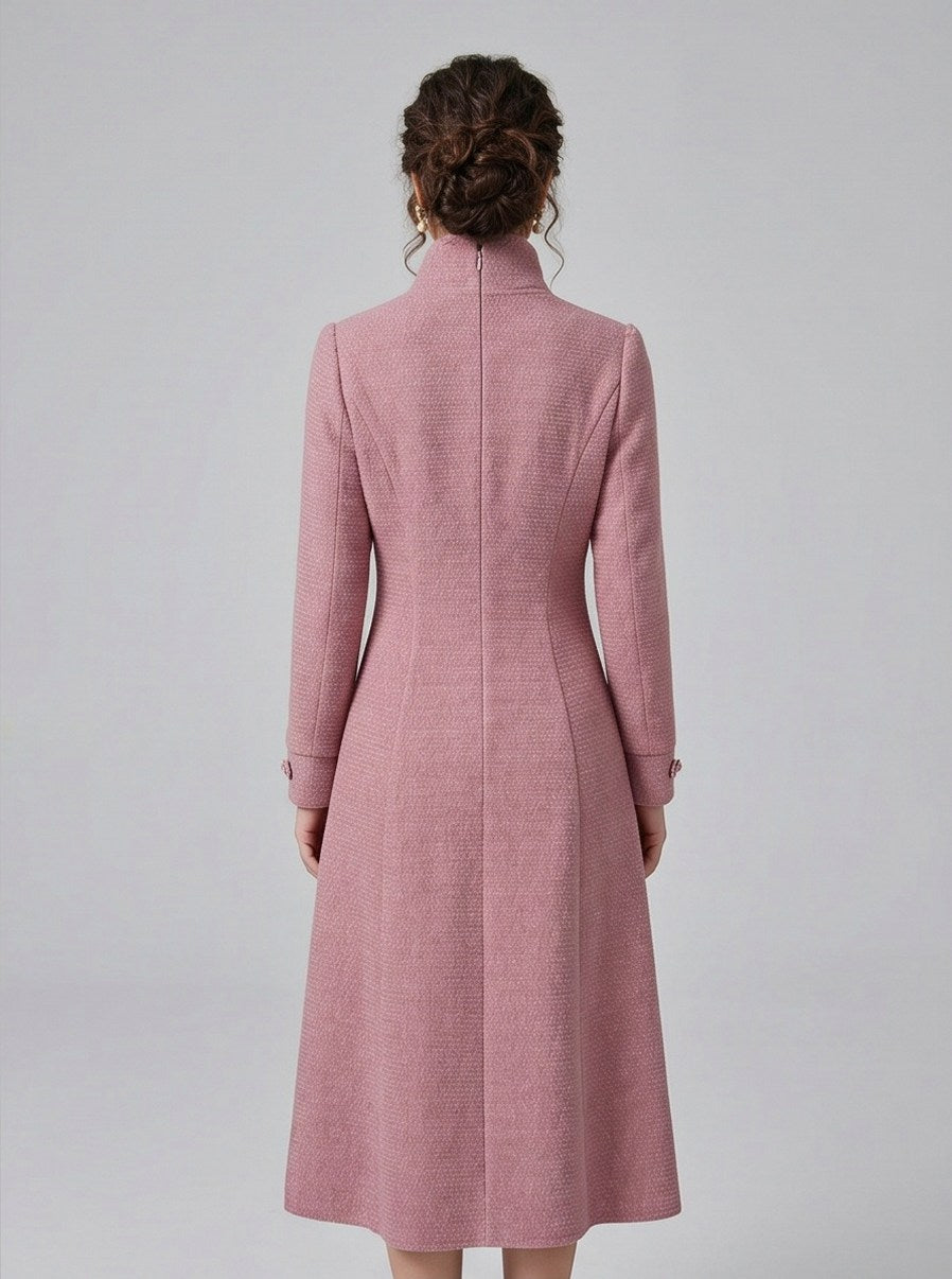 Pink Scarf Neck Long Sleeve  Midi Dress