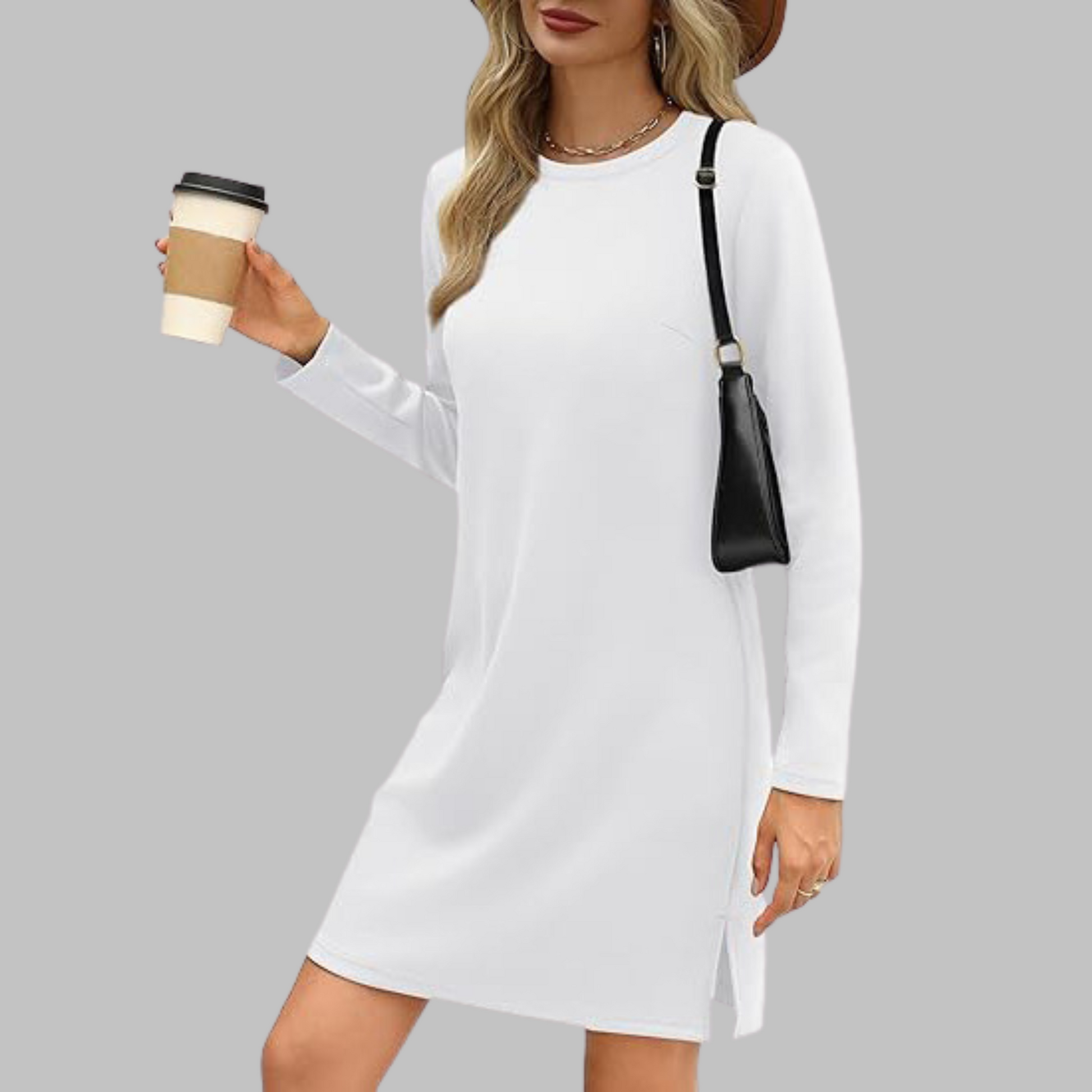 White - Woman wearing a solid long sleeve jersey shift mini dress with side hem slits