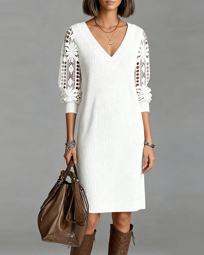 White - Knit ribbed long sleeve midi dress with broderie sleeve details and a v-neckline in solid white.