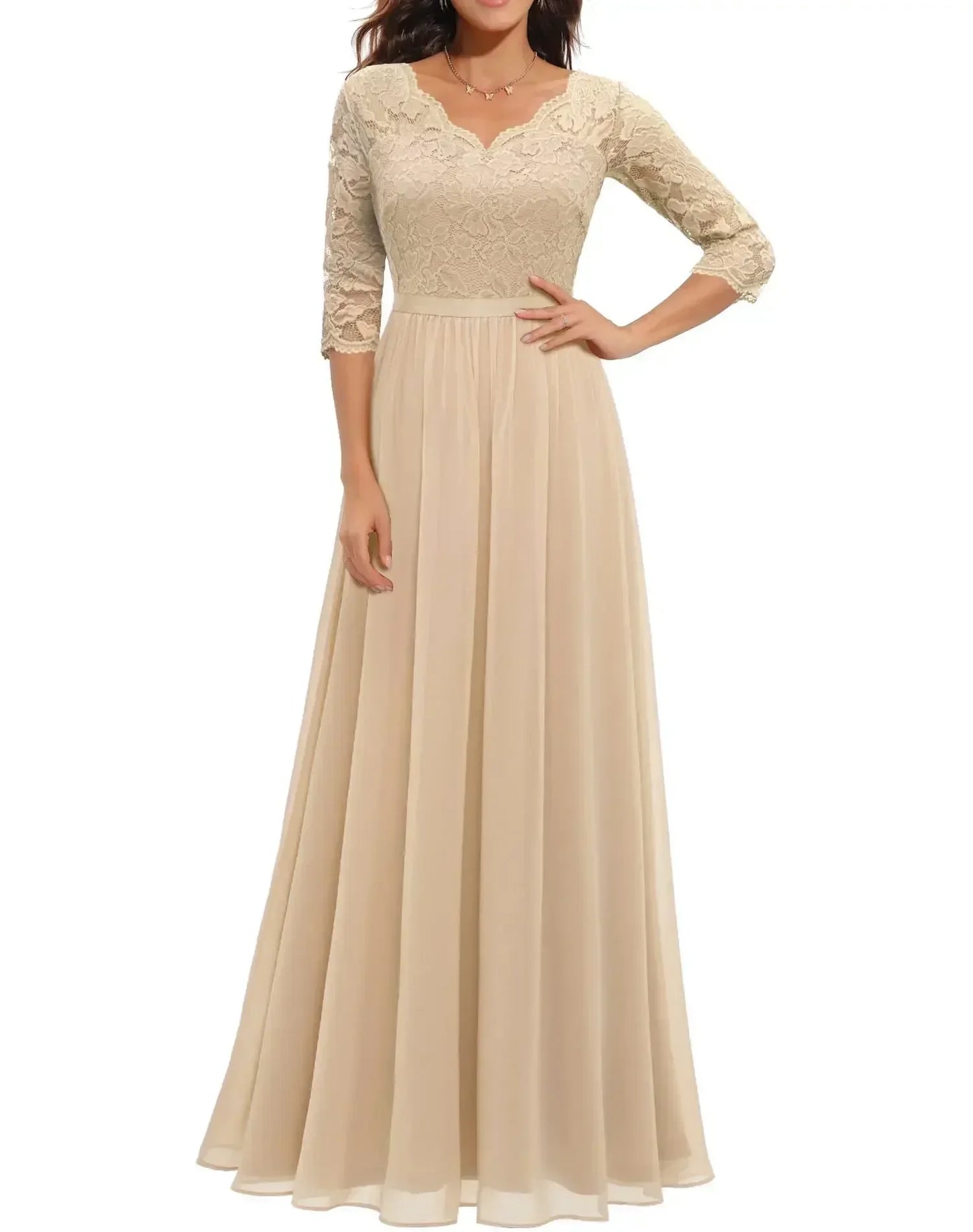 Champagne Quarter Sleeve - Woman wearing a long A-line maxi dress featuring a lace bodice with 3/4 sleeves and a flowing pleated georgette skirt
