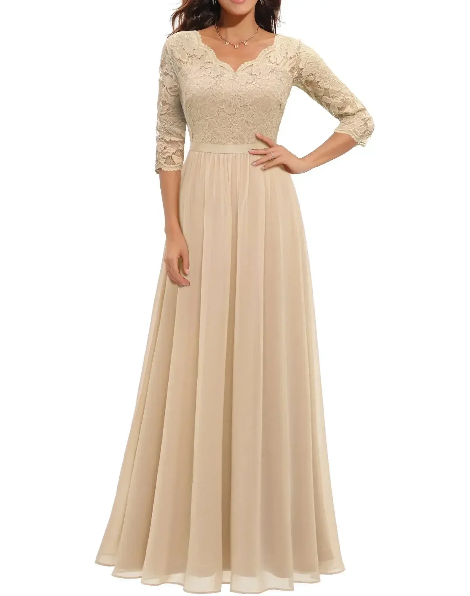 Champagne Quarter Sleeve - Woman wearing a long A-line maxi dress featuring a lace bodice with 3/4 sleeves and a flowing pleated georgette skirt
