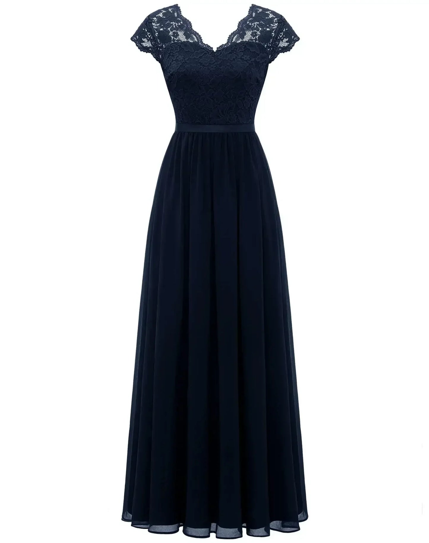 Navy Blue Short Sleeve - Woman wearing a long A-line maxi dress featuring a lace bodice with 3/4 sleeves and a flowing pleated georgette skirt