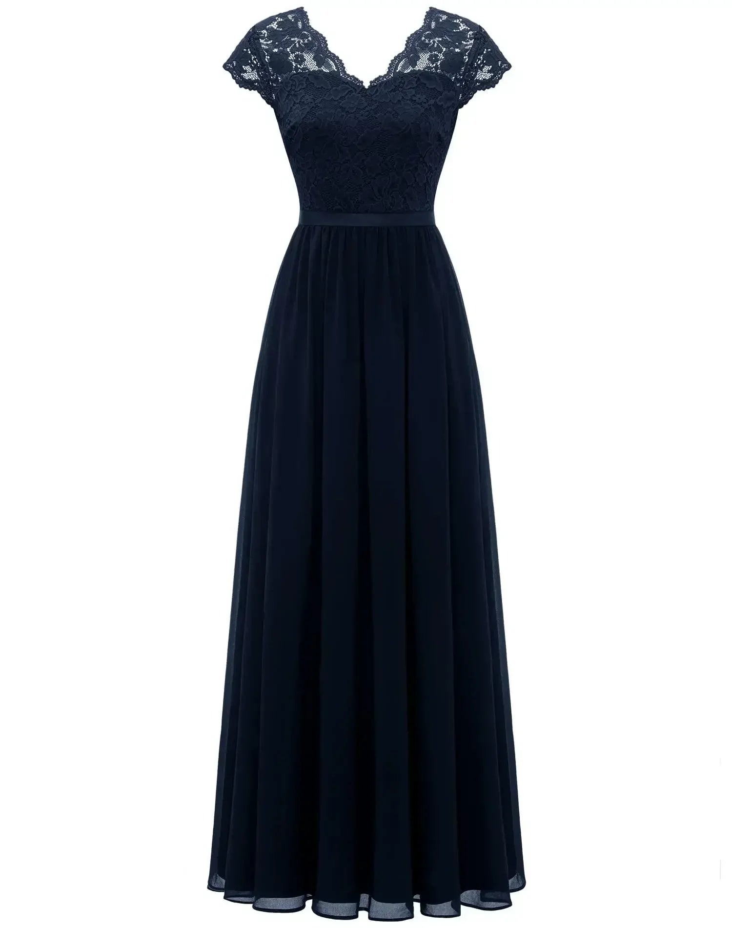 Navy Blue Short Sleeve - Woman wearing a long A-line maxi dress featuring a lace bodice with 3/4 sleeves and a flowing pleated georgette skirt
