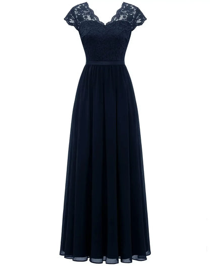 Navy Blue Short Sleeve - Woman wearing a long A-line maxi dress featuring a lace bodice with 3/4 sleeves and a flowing pleated georgette skirt