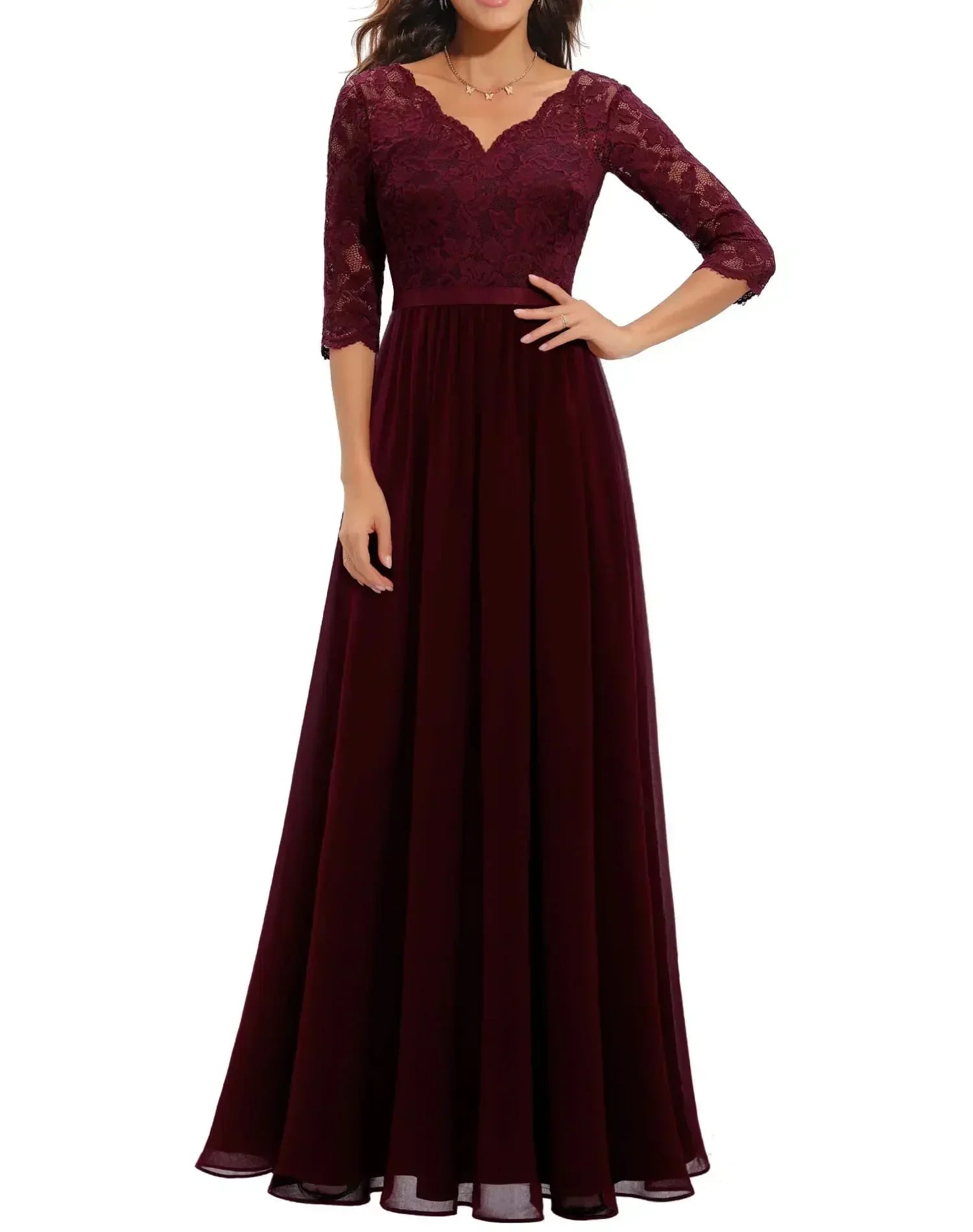 Burgundy Quarter Sleeve - Woman wearing a long A-line maxi dress featuring a lace bodice with 3/4 sleeves and a flowing pleated georgette skirt