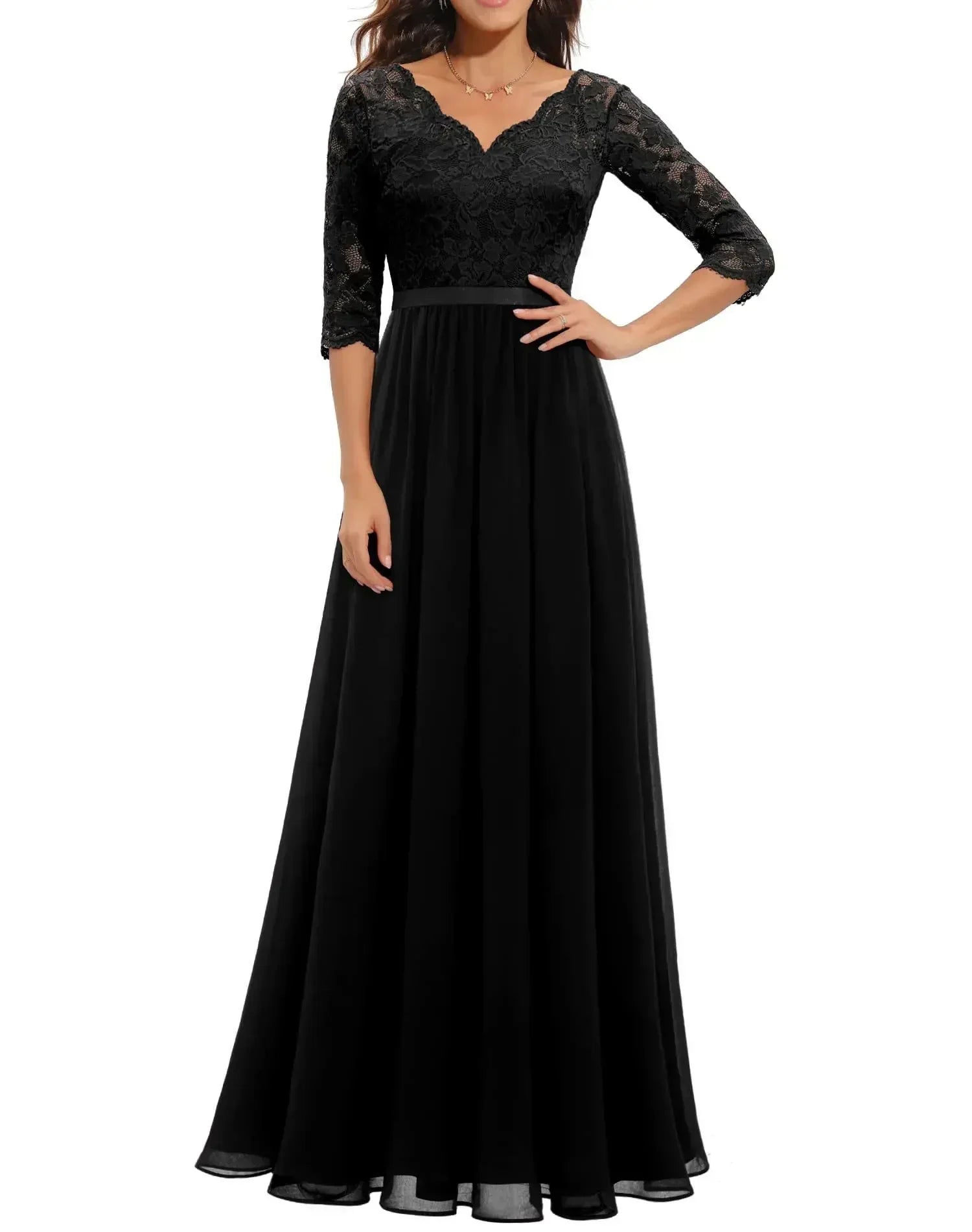 Black Quarter Sleeve - Woman wearing a long A-line maxi dress featuring a lace bodice with 3/4 sleeves and a flowing pleated georgette skirt