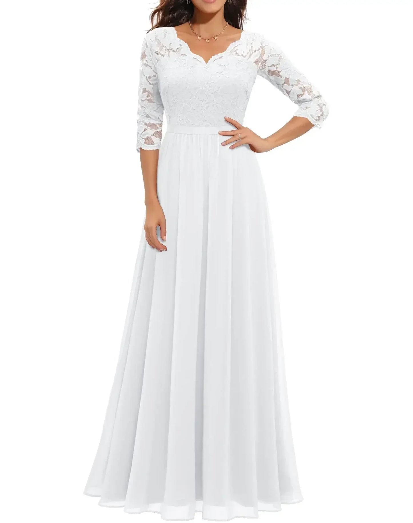 White Quarter Sleeve - Woman wearing a long A-line maxi dress featuring a lace bodice with 3/4 sleeves and a flowing pleated georgette skirt