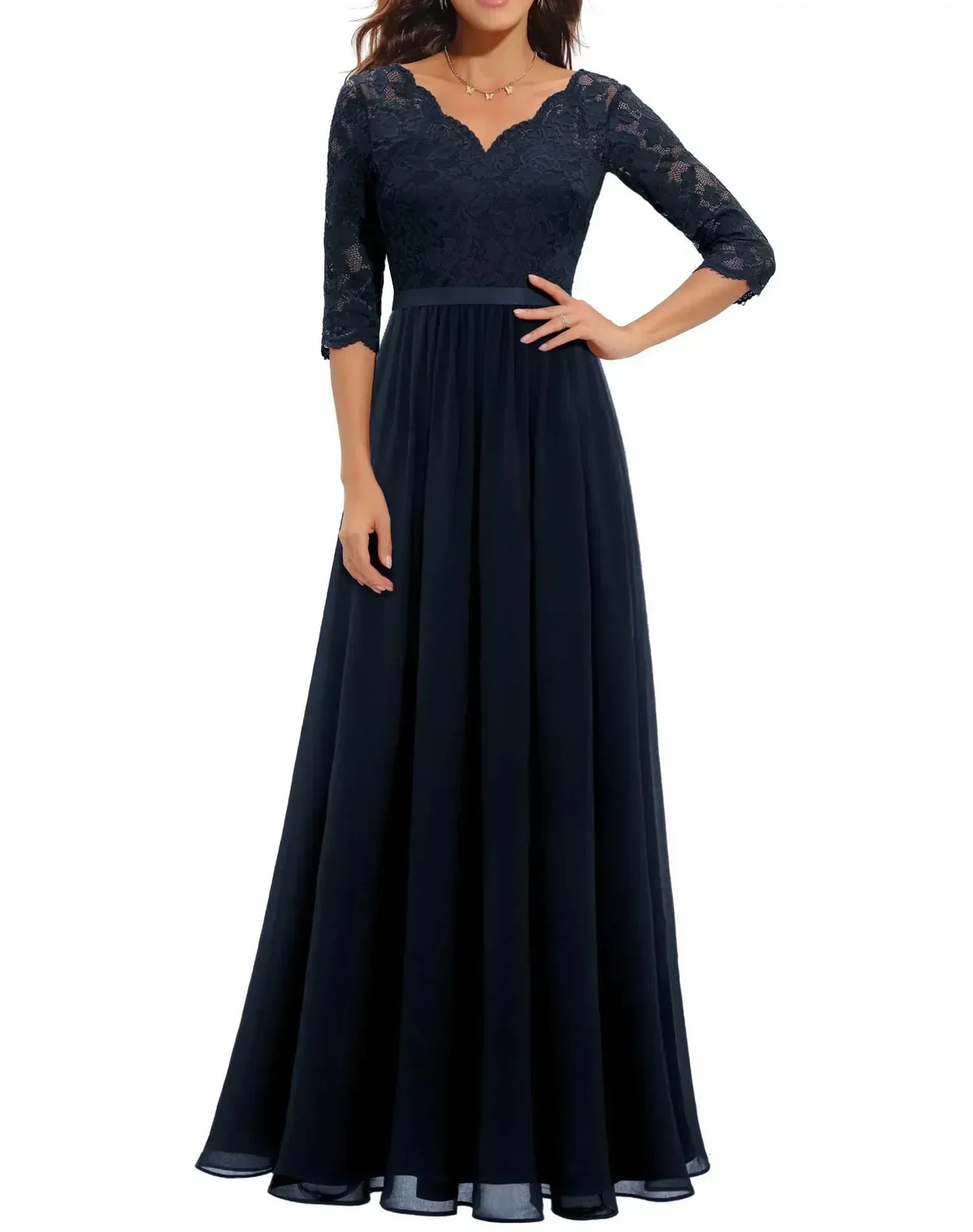 Navy Blue Quarter Sleeve - Woman wearing a long A-line maxi dress featuring a lace bodice with 3/4 sleeves and a flowing pleated georgette skirt