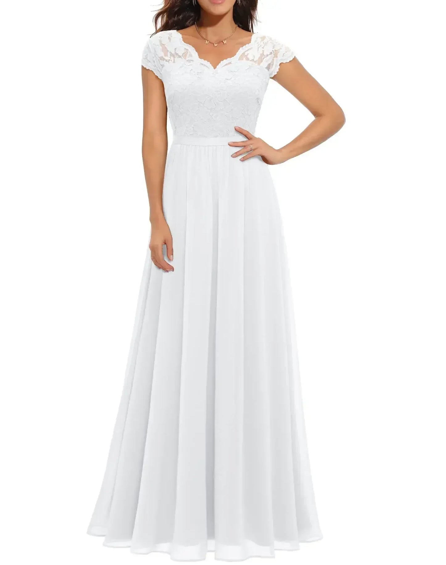 White Short Sleeve - Woman wearing a long A-line maxi dress featuring a lace bodice with 3/4 sleeves and a flowing pleated georgette skirt