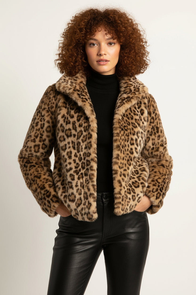 Brown - A woman wearing a cropped leopard print faux fur jacket with a structured collar, styled over a black turtleneck and black leather pants.