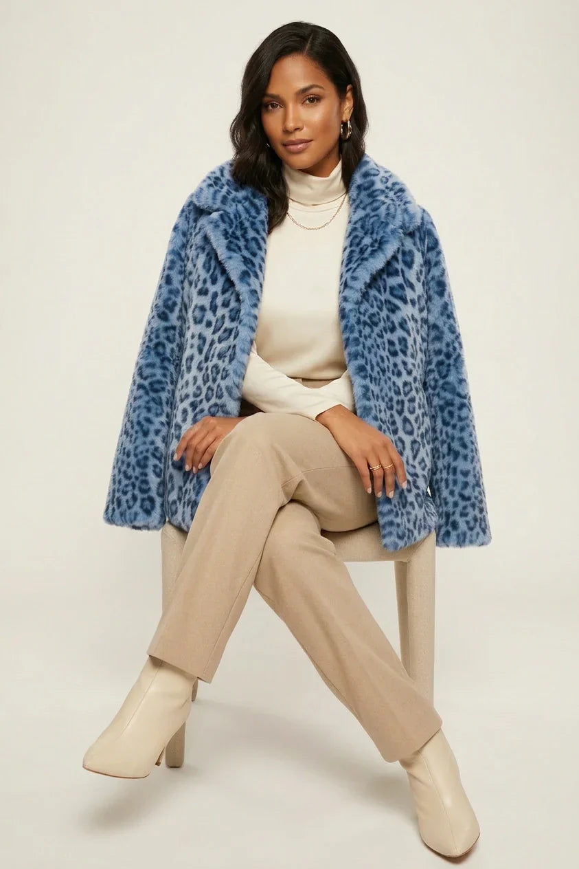 Pink - A woman wearing a cropped leopard print faux fur jacket with a structured collar, styled over a black turtleneck and black leather pants.