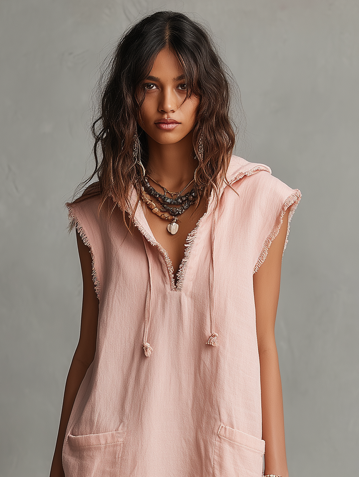 Photo Color - A front view of a model wearing a sleeveless, pale pink textured linen mini dress featuring a hood with drawstrings, frayed edges, front patch pockets, and a relaxed shift silhouette.
