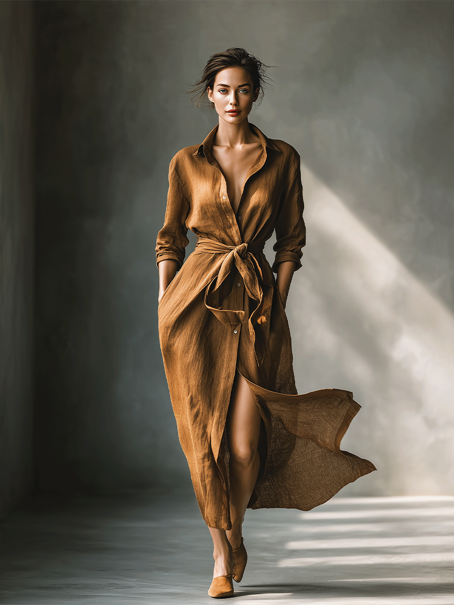 Brown - A woman walking in a long-sleeve, textured brown linen maxi shirt dress with a tied waist, button-up front, and side split, showcasing a fluid drape.