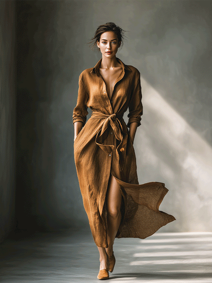 Brown - A woman walking in a long-sleeve, textured brown linen maxi shirt dress with a tied waist, button-up front, and side split, showcasing a fluid drape.