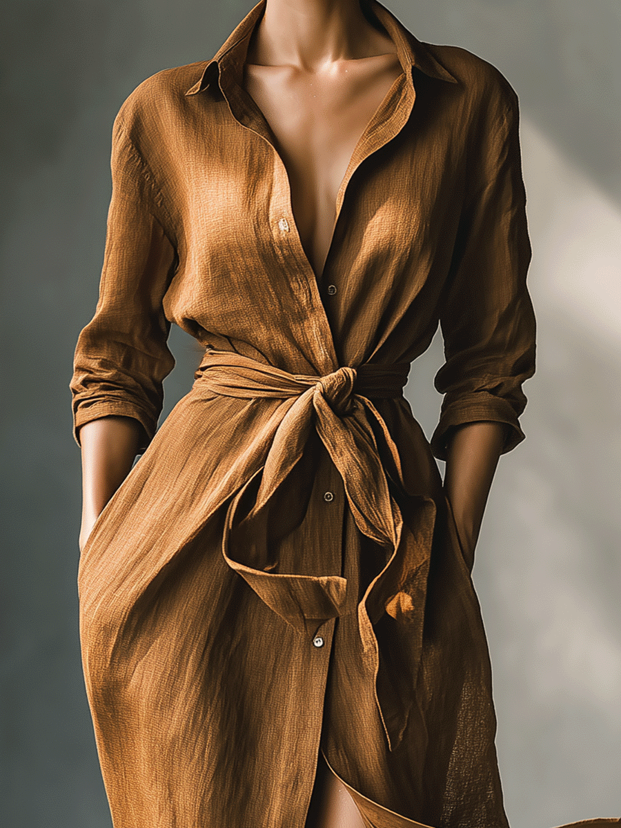 Brown - A woman walking in a long-sleeve, textured brown linen maxi shirt dress with a tied waist, button-up front, and side split, showcasing a fluid drape.