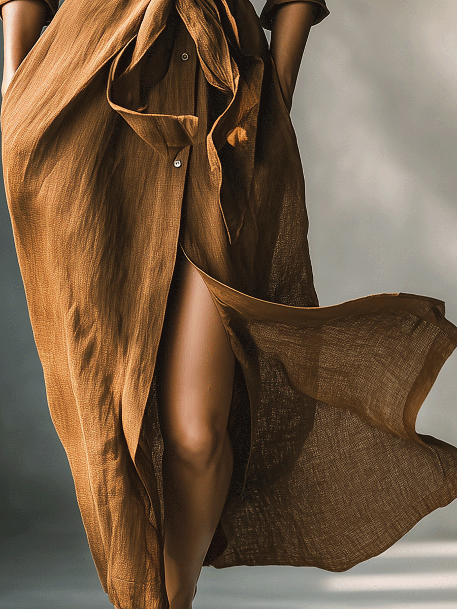 Brown - A woman walking in a long-sleeve, textured brown linen maxi shirt dress with a tied waist, button-up front, and side split, showcasing a fluid drape.