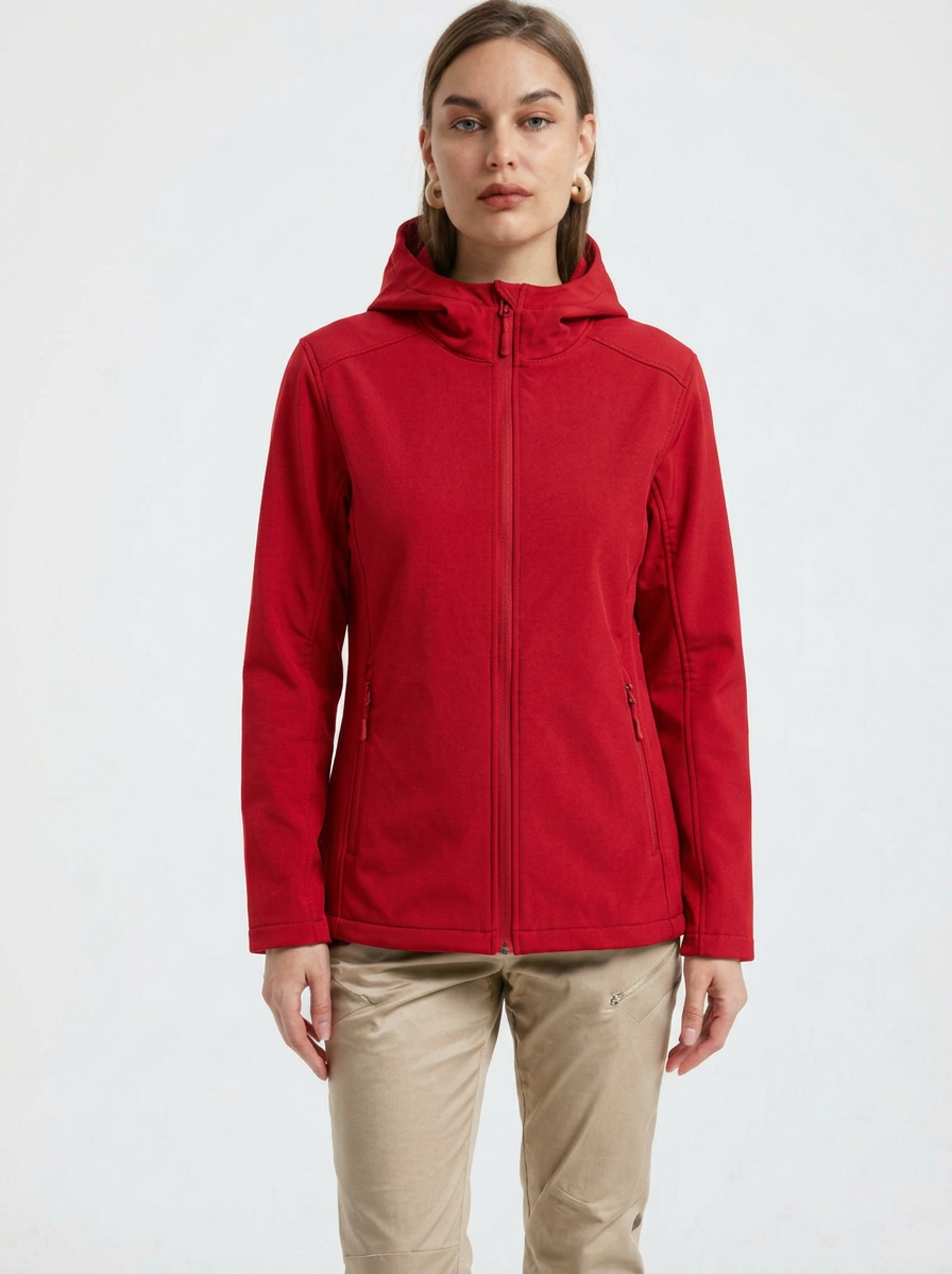 Red - A woman wearing a structured olive green matte technical hooded jacket with a front zip closure, panelled seam detailing, and zippered pockets, paired with beige trousers.